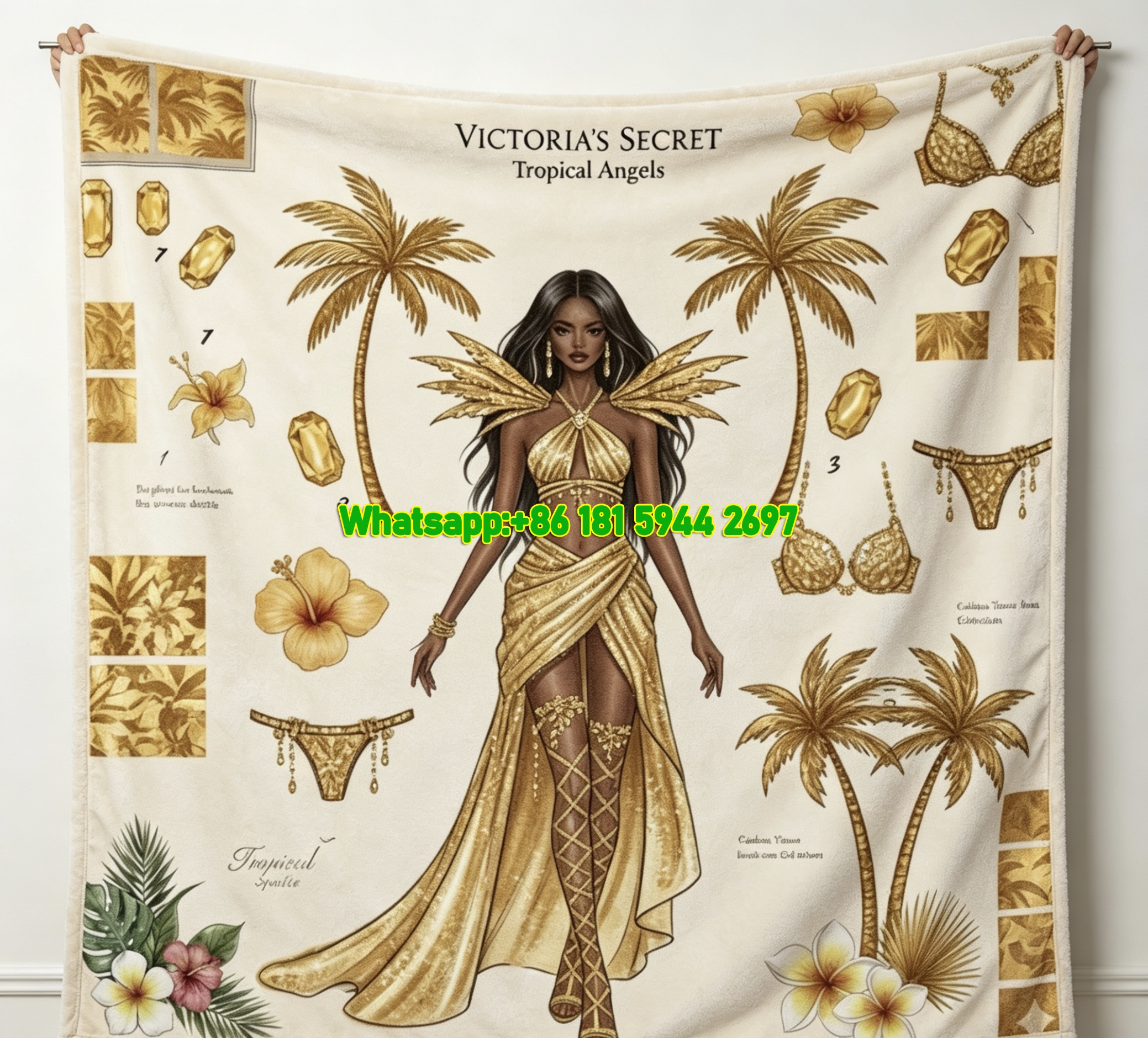 Victoria's Secret Golden Tropical Angel Fleece Throw Blanket V122